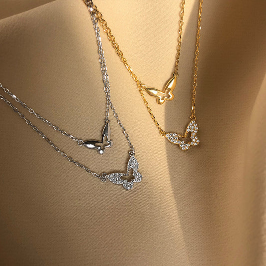 Collier Double Papillon Étincelant en  plaqué Argent - Moyyudé