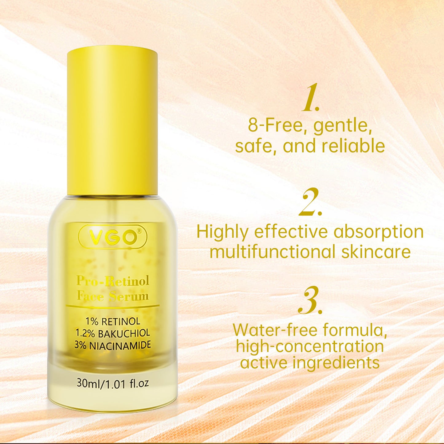 Sérum anti-âge pro-rétinol Moyyudé en flacon jaune transparent 30ml avec ingrédients actifs concentrés